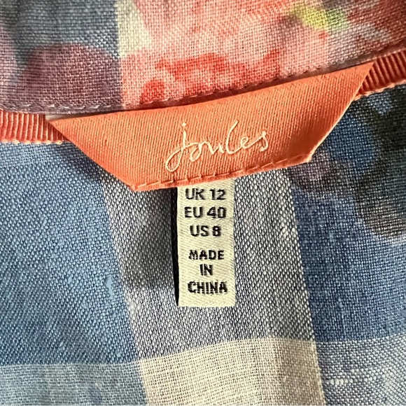 Joules Jeanne Print Blue Gingham Floral Linen Button Up Shirt Classic Fem Size 8 - Picture 5 of 9